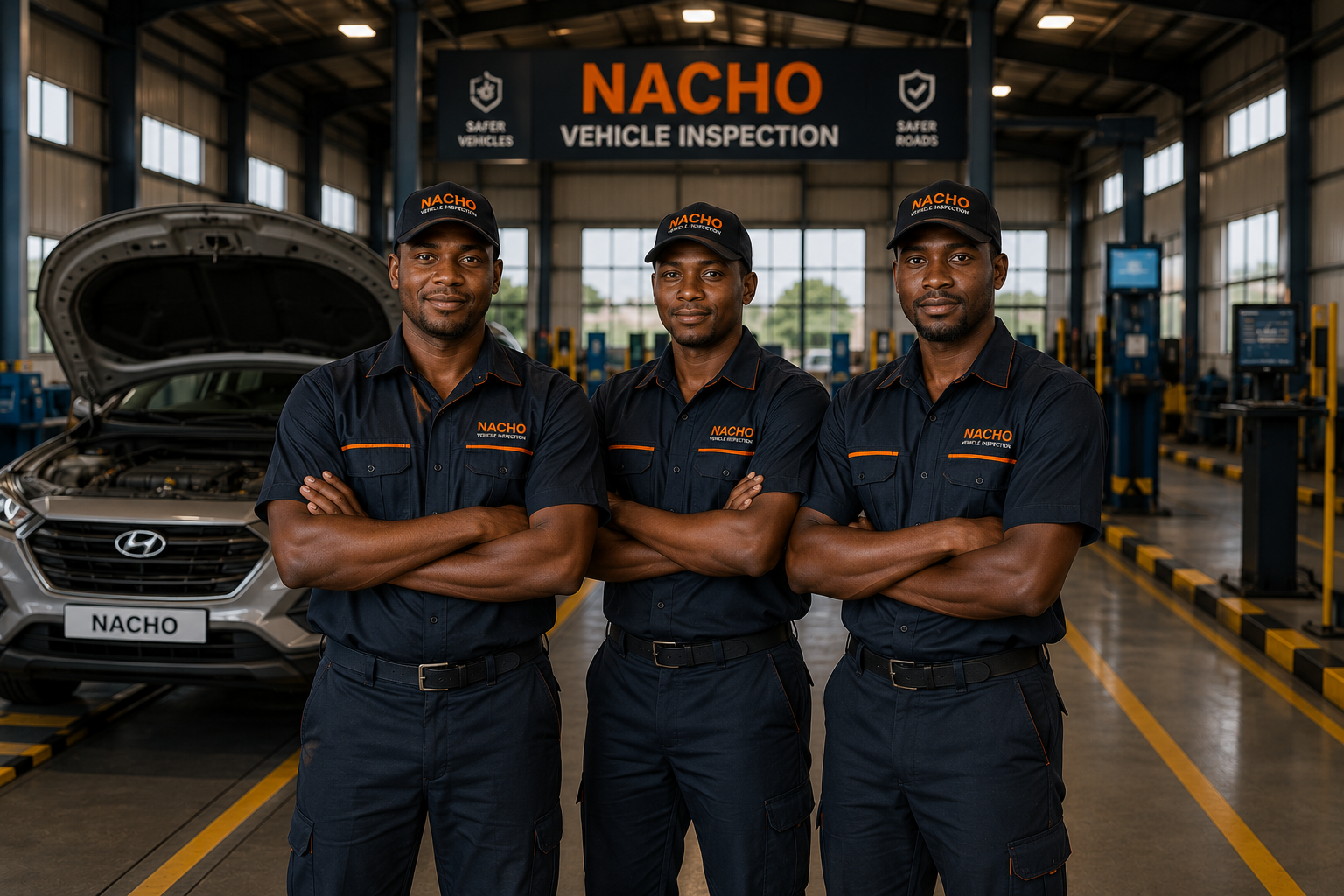 Équipe NACHO dans une baie moderne de contrôle technique automobile